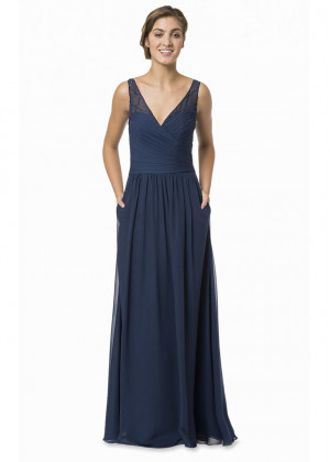 Slim V Neck Navy Blue Chiffon Bridesmaid Dress